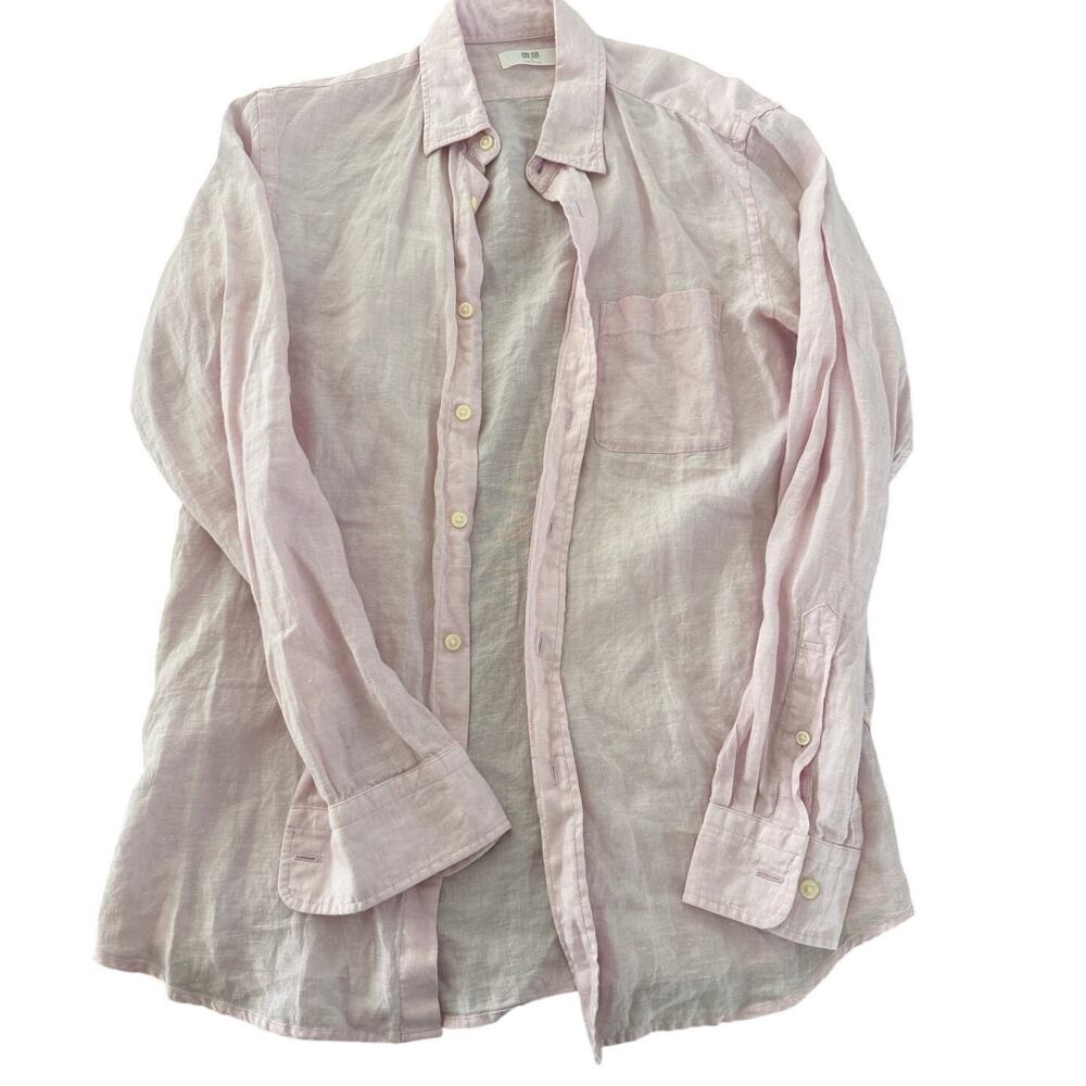Uniqlo Linen Button Up Shirt Mens Small Pink Lightweight Long Sleeve